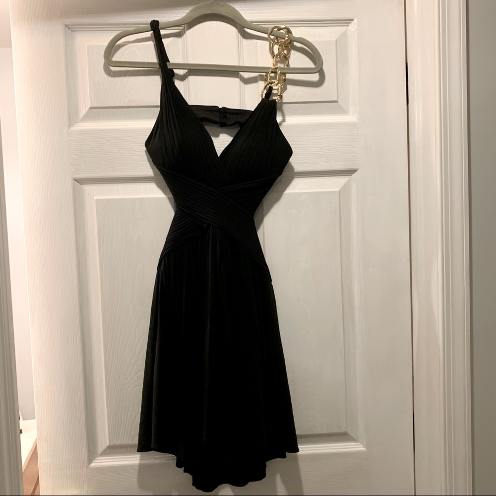 BCBG black cocktail dress with gold chain strap